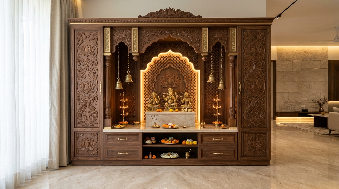 Premium Indian pooja room interior Bengaluru
